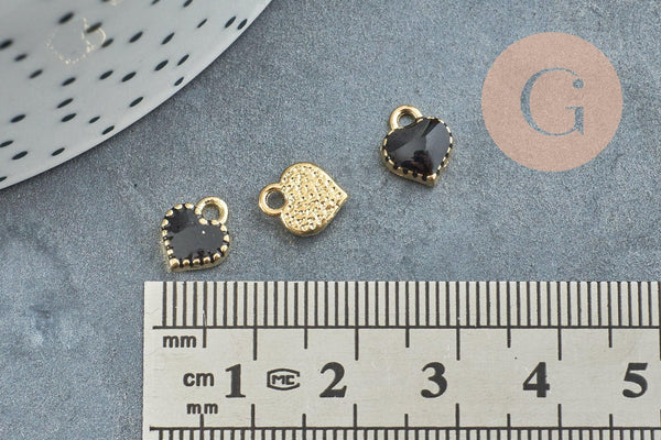 Pendentifs doré cœur émail noir, pendentif coeur, métal doré, pendentif amour, 8mm, x10 G1883
