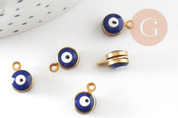 Pendentifs doré émail bleu marine, mauvais oeil, laiton doré, pendentif chance,création bijoux,10mm, x10 G2980