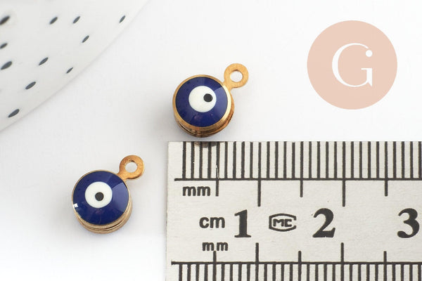 Pendentifs doré émail bleu marine, mauvais oeil, laiton doré, pendentif chance,création bijoux,10mm, x10 G2980