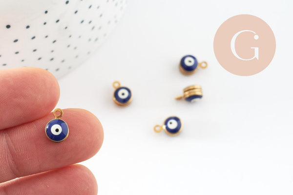 Pendentifs doré émail bleu marine, mauvais oeil, laiton doré, pendentif chance,création bijoux,10mm, x10 G2980