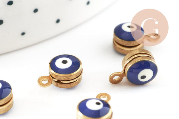 Pendentifs doré émail bleu marine, mauvais oeil, laiton doré, pendentif chance,création bijoux,10mm, x10 G2980