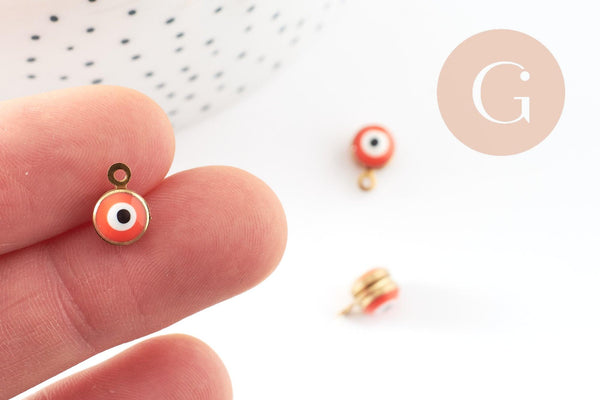 Pendentifs doré émail orange, mauvais oeil, laiton doré, pendentif chance,10mm, x10 G4613