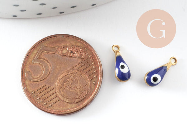Pendentifs doré goutte Fleur émail bleu foncé, mauvais oeil, laiton doré, pendentif chance, 9mm, x10 G3560