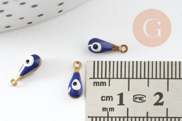 Pendentifs doré goutte Fleur émail bleu foncé, mauvais oeil, laiton doré, pendentif chance, 9mm, x10 G3560