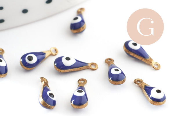 Pendentifs doré goutte Fleur émail bleu foncé, mauvais oeil, laiton doré, pendentif chance, 9mm, x10 G3560