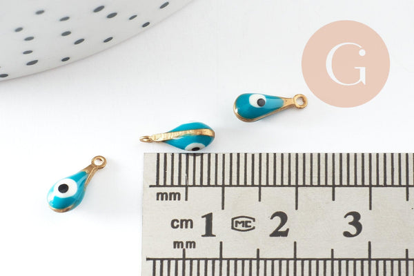 Pendentifs doré goutte émail bleu turquoise, mauvais oeil, laiton doré, pendentif chance,création bijoux,9mm, x10 G3327