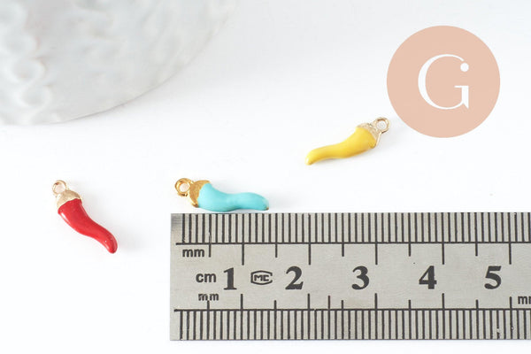 Pendentifs doré piment émail multicolore 15mm, breloque laiton doré coloré pour création bijoux, x10 (G8806)