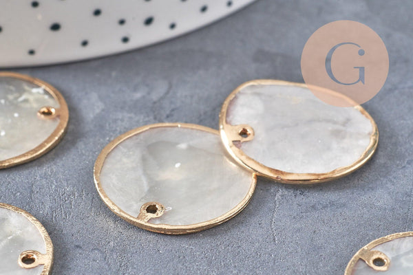 Pendentifs dorés ronds coquillages en nacre naturelle blanche 25mm x2 (G2434)