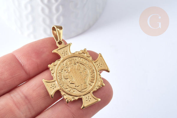 Pendentifs en acier inoxydable saint Benoit, création bijou acier inoxydable, 39mm, x1 G4608