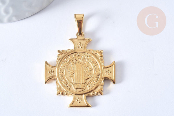 Pendentifs en acier inoxydable saint Benoit, création bijou acier inoxydable, 39mm, x1 G4608