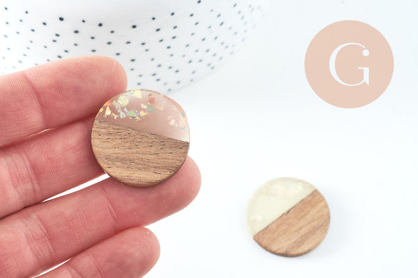 Pendentifs en bois de noyer résine iridescente, perle bois naturel, Perle géométrique,perle rectangle,création bijoux bois,28mm,x2 G4384