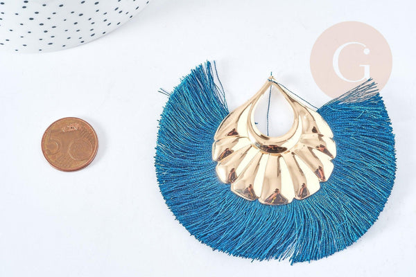 Pendentifs larges pompon fil bleu vert support fer doré 85-92mm, x2 (G8505)