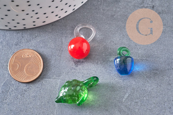 Pendentifs mélangés fruits en verre tchèque 17-36mm, x5 (G4507)