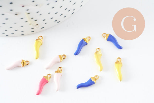 Pendentifs piment émail multicolore zamac doré 14.5mm, breloque colorée pour création bijoux, x5 (G9540)