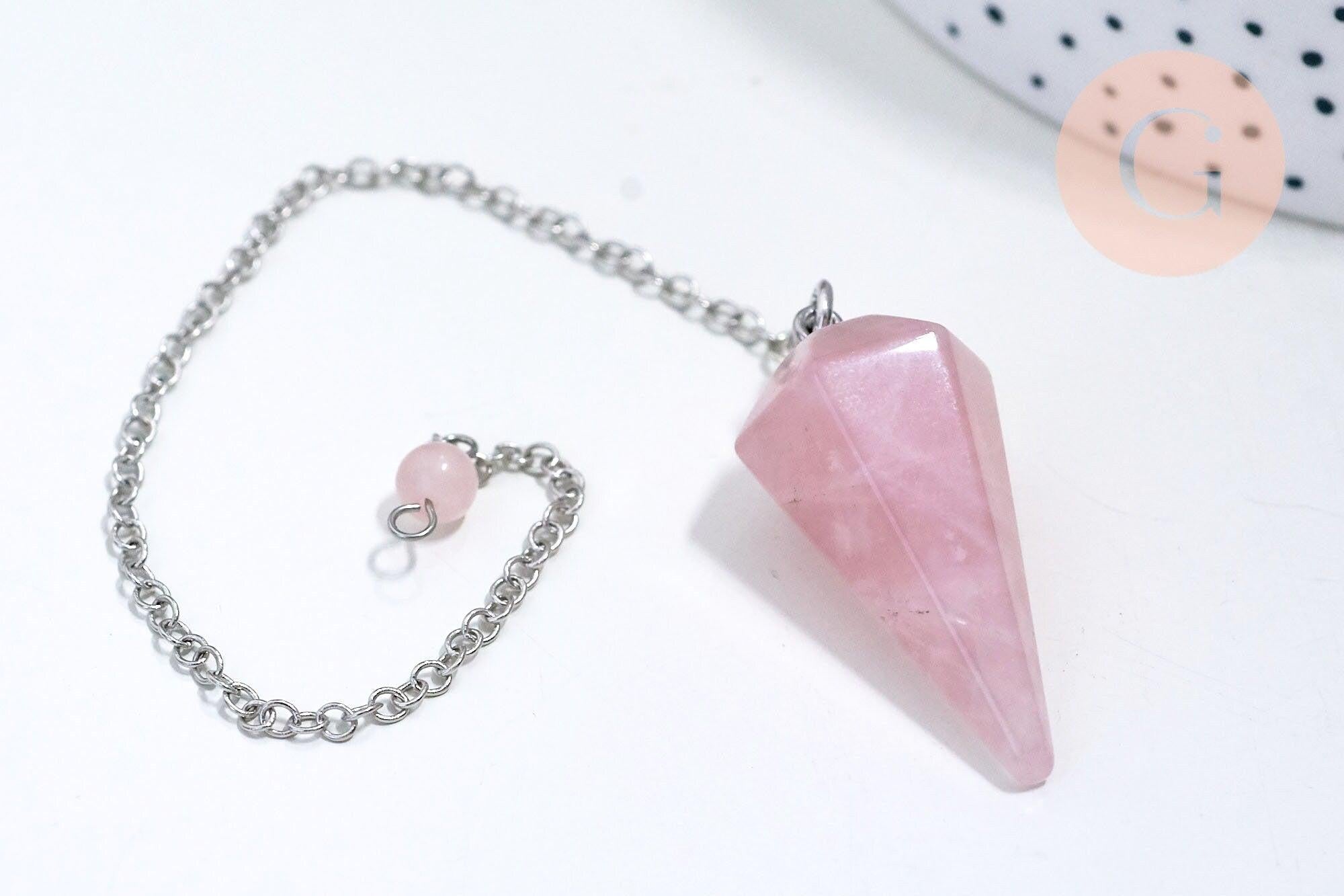 Pendule radiesthésie Quartz rose naturel chaine argent, pendule magnétisme, litotherapie,création bijoux,23cm, x1 G5347