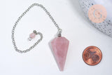 Pendule radiesthésie Quartz rose naturel chaine argent, pendule magnétisme, litotherapie,création bijoux,23cm, x1 G5347