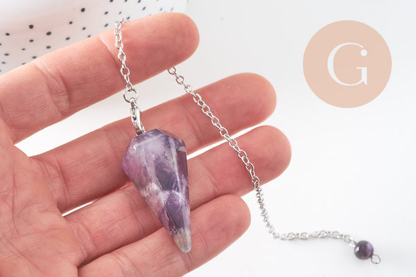 Pendule radiesthésie améthyste naturel chaine argentée, pendule magnétisme, litotherapie,création bijoux,23cm, x1 (G6737)