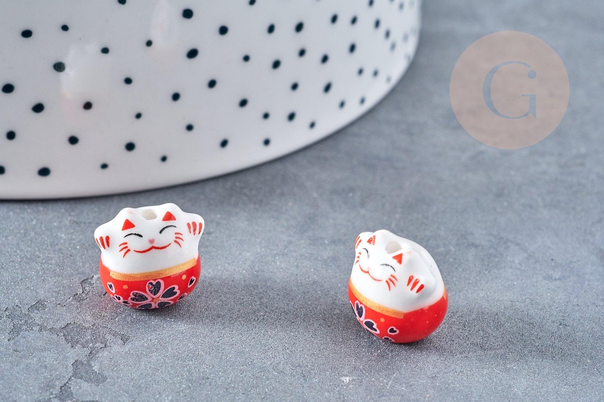 Perle Chat chanceux porcelaine rouge 14mm, x5 (G8681)