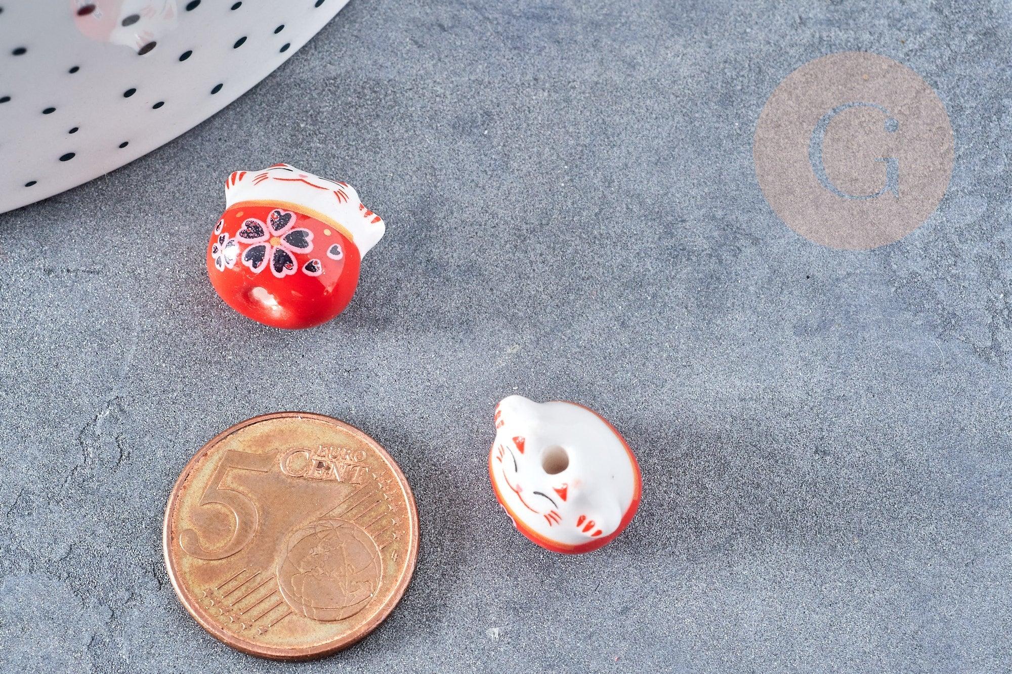 Perle Chat chanceux porcelaine rouge 14mm, x5 (G8681)