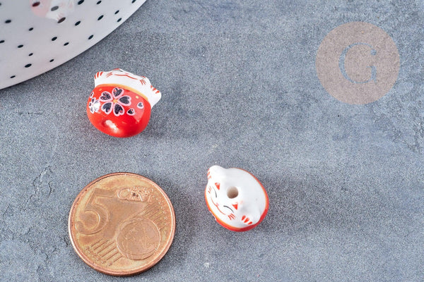 Perle Chat chanceux porcelaine rouge 14mm, x5 (G8681)