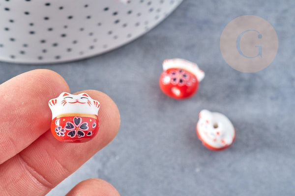 Perle Chat chanceux porcelaine rouge 14mm, x5 (G8681)
