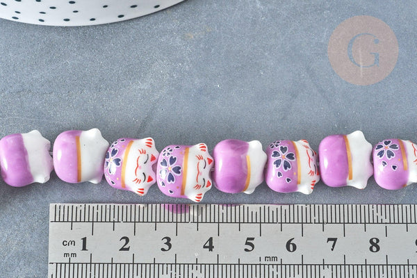 Perle Chat chanceux porcelaine violet 14mm, perle céramique, fabrication bijoux animal, perle chance, x5 G7997