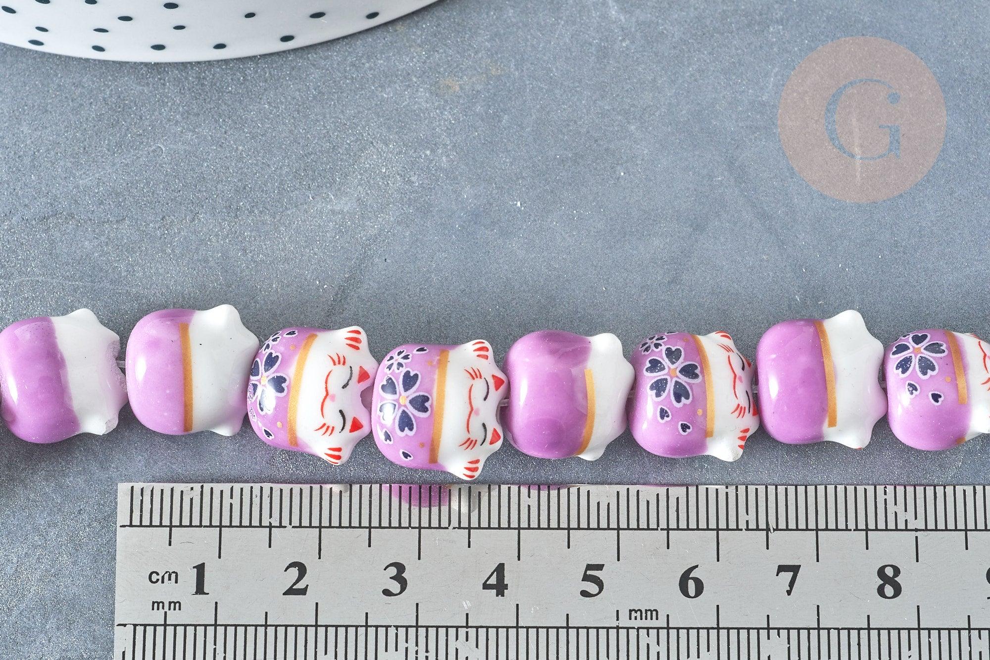 Perle Chat chanceux porcelaine violet 14mm, x5 (G7997)