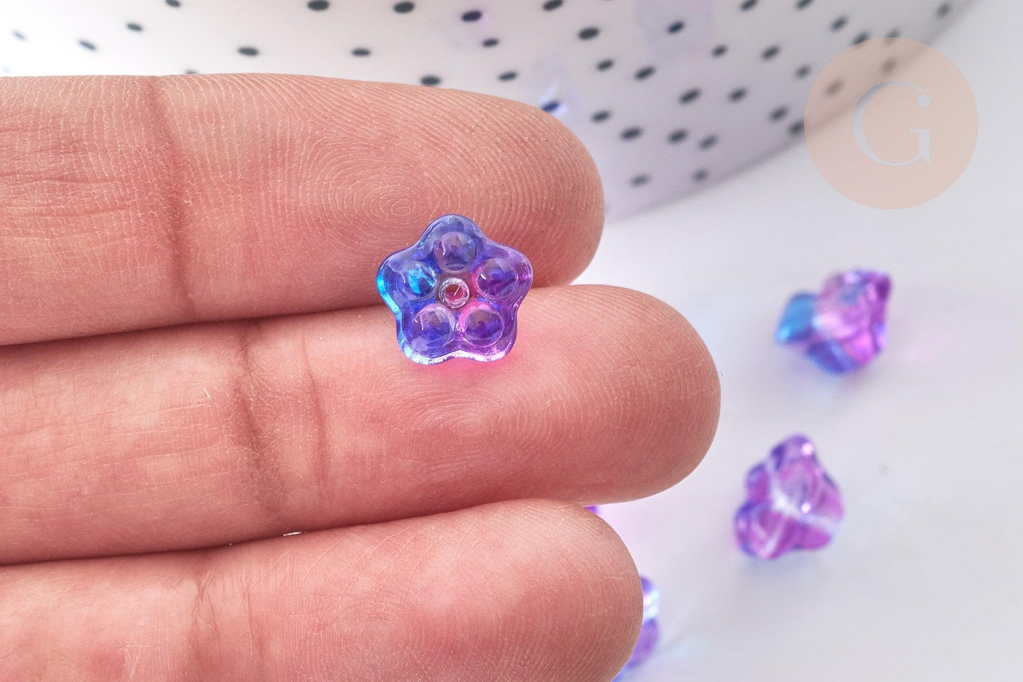 Perle Fleur verre transparent bleu-violet 10mm, perle verre fleur, perle artisanale verre, x20 (G7961)