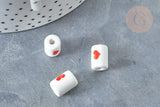 Perle Porcelaine tube blanc cœur rouge 12.5x8.5mm, x10 (G7986)