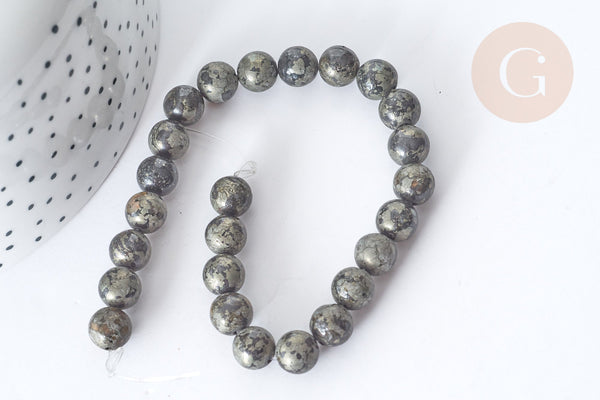 Perle Pyrite Ronde naturelle grise-dorée 8mm, pierre naturelle, x1 fil de 20cm (G7868)