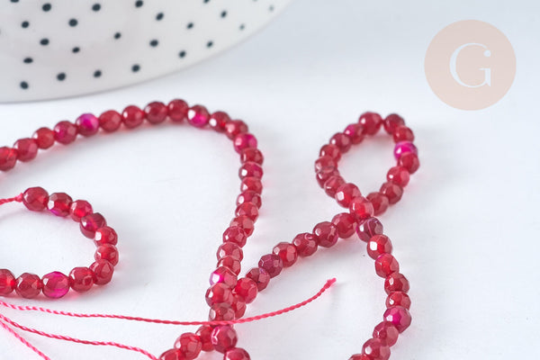 Perle Ronde facettée agate naturelle rouge magenta 4mm, pierre naturelle, le fil de 35cm, x1, G7344)