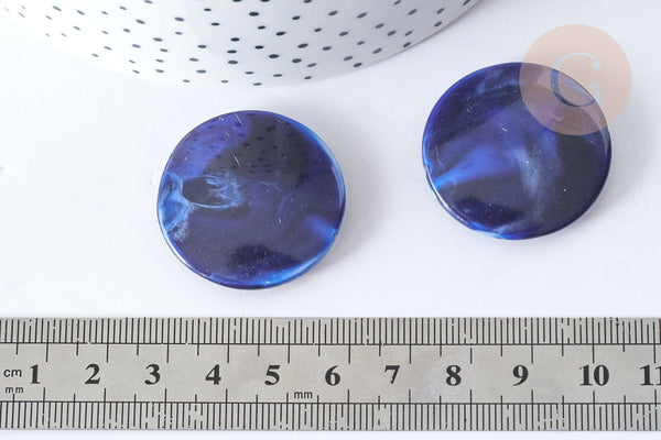 Perle Ronde plate plastique acrylique bleu foncé imitation pierre 32mm, x1 (G7968)