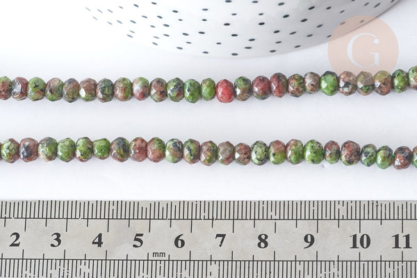 Perle Rondelle Jaspe de sésame teintée facettée vert rouge 6x4mm, pierre, le fil de 37.5cm, x1 (G7869)