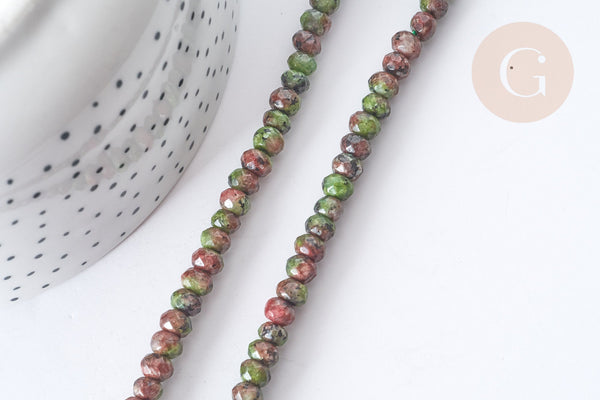 Perle Rondelle Jaspe de sésame teintée facettée vert rouge 6x4mm, pierre, le fil de 37.5cm, x1 (G7869)