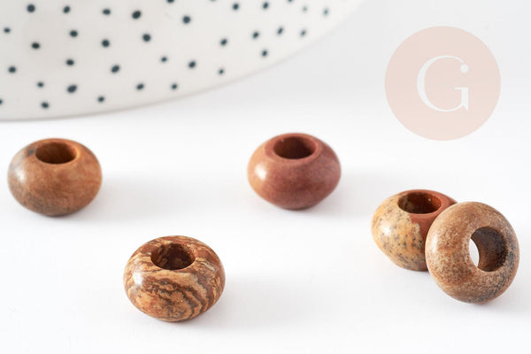 Perle Rondelle donut Jaspe marron naturelle 14mm, rondelle pierre pour création bijoux x2 (G9212)