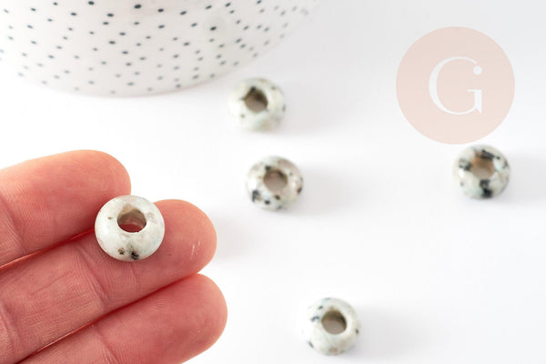 Perle Rondelle donut Jaspe sésame blanc naturelle 14mm, rondelle pierre pour création bijoux x2 (G9213)