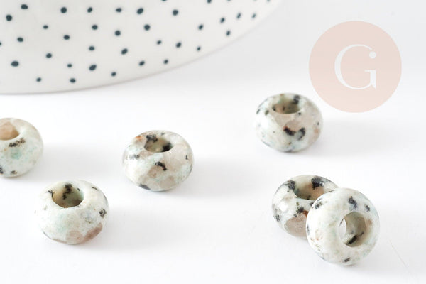 Perle Rondelle donut Jaspe sésame blanc naturelle 14mm, rondelle pierre pour création bijoux x2 (G9213)
