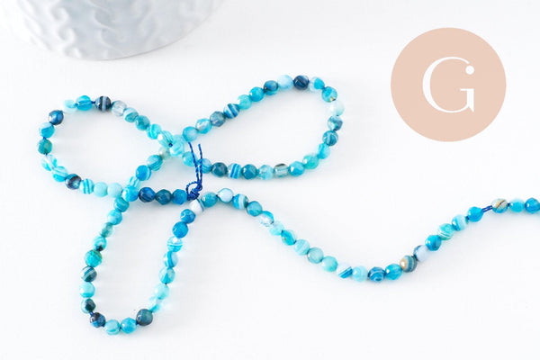 Perle agate naturelle bleue facettée 4mm, x1 fil de 90 perles (G5010)
