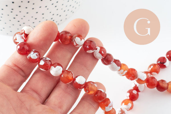 Perle agate naturelle feu rayée orange, 10mm, fil de 38cm, x1 (G1862)