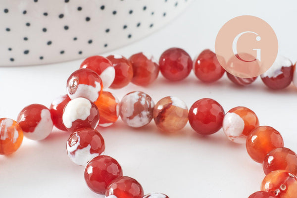Perle agate naturelle feu rayée orange, 10mm, fil de 38cm, x1 (G1862)
