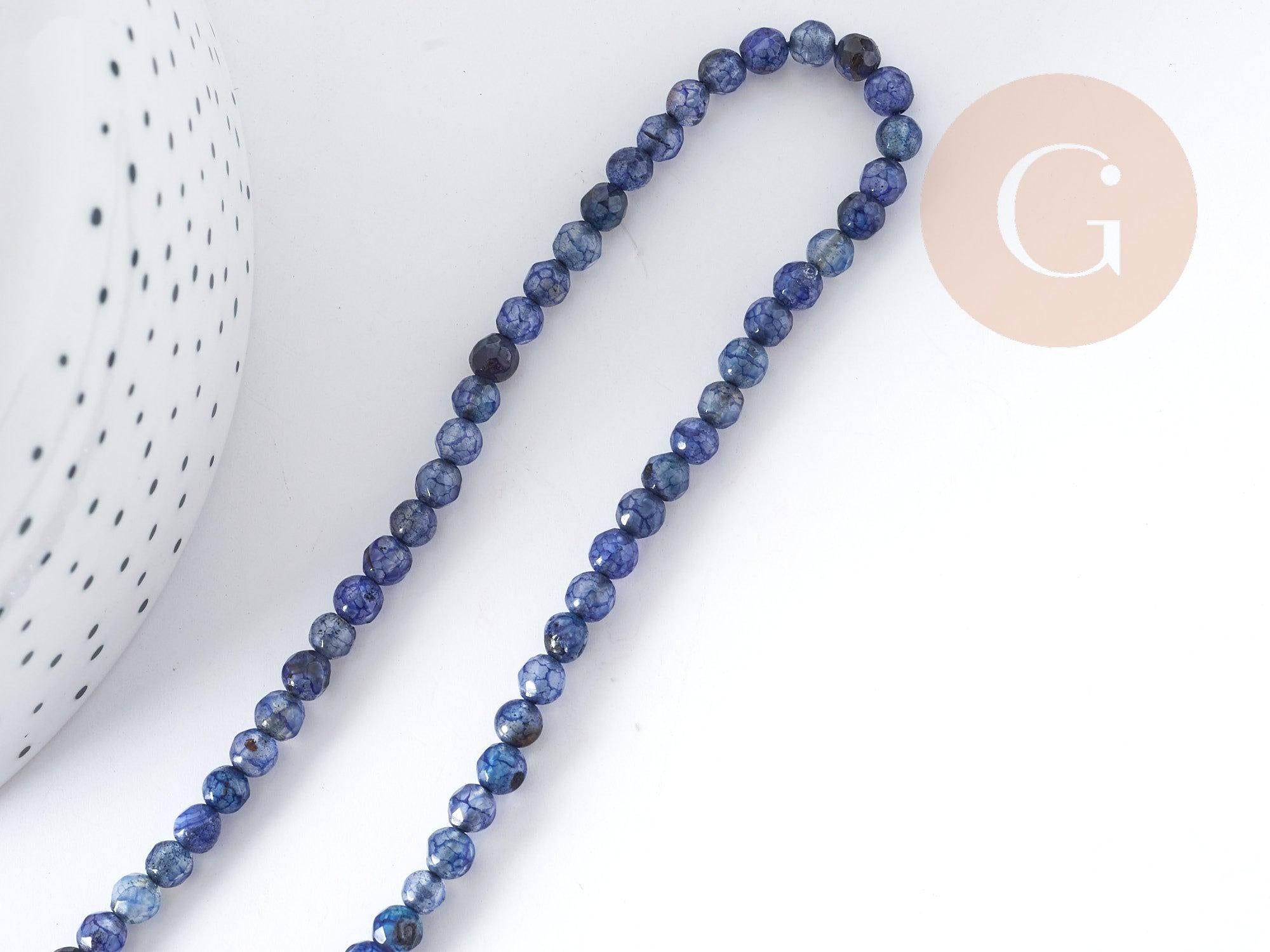 Perle agate ronde facettées agate naturelle bleue 4mm, pierre DIY, fil de 37cm, x1 (G8978)