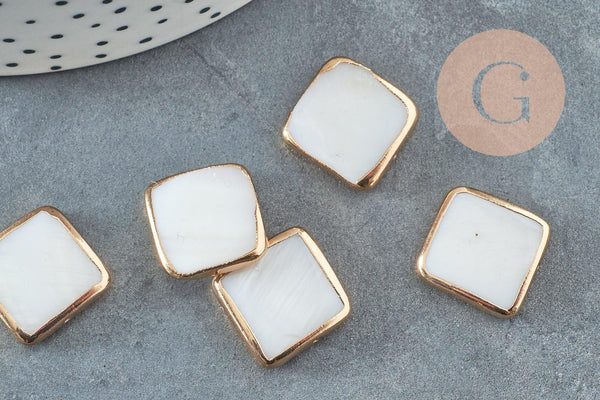 Perle carré nacre blanche naturelle fer doré 14-15mm, x5 (G3870)