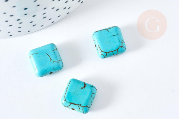 Perle carrée howlite turquoise,howlite naturelle, perle turquoise, perle pierre,15mm, x10 (G3437)