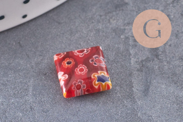 Perle carrée verre millefiori, perle verre,verre artisanal, perle bijou été, 10mm, x5 (G2614)