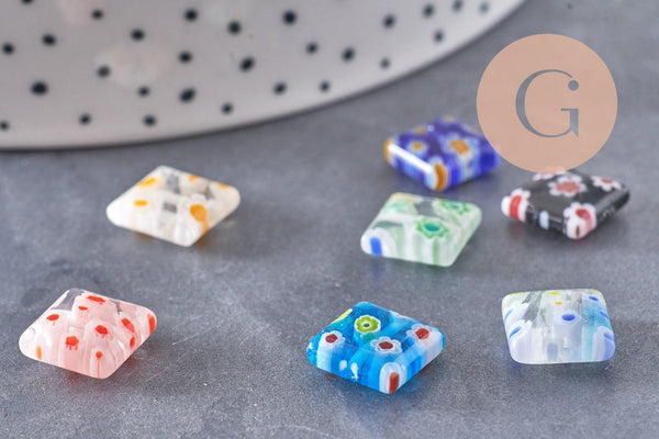 Perle carrée verre millefiori, perle verre,verre artisanal, perle bijou été, 10mm, x5 (G2614)
