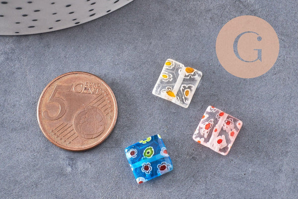 Perle carrée verre millefiori, perle verre,verre artisanal, perle bijou été, 10mm, x5 (G2614)