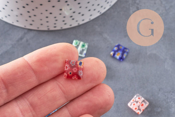 Perle carrée verre millefiori, perle verre,verre artisanal, perle bijou été, 10mm, x5 (G2614)