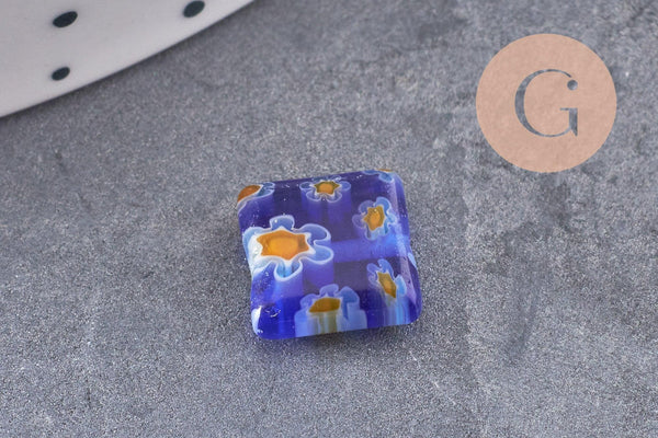 Perle carrée verre millefiori, perle verre,verre artisanal, perle bijou été, 10mm, x5 (G2614)