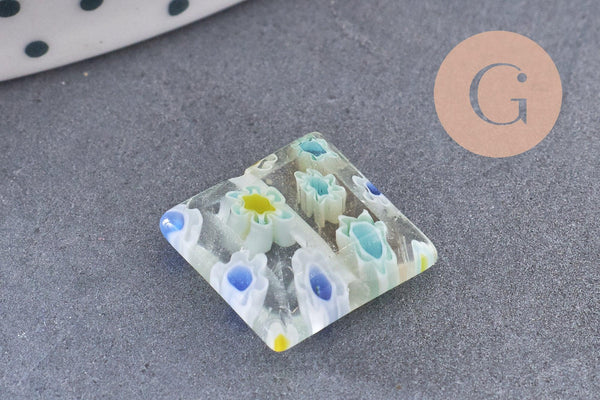 Perle carrée verre millefiori, perle verre,verre artisanal, perle bijou été,création bijoux 11mm, x5 (G5366)