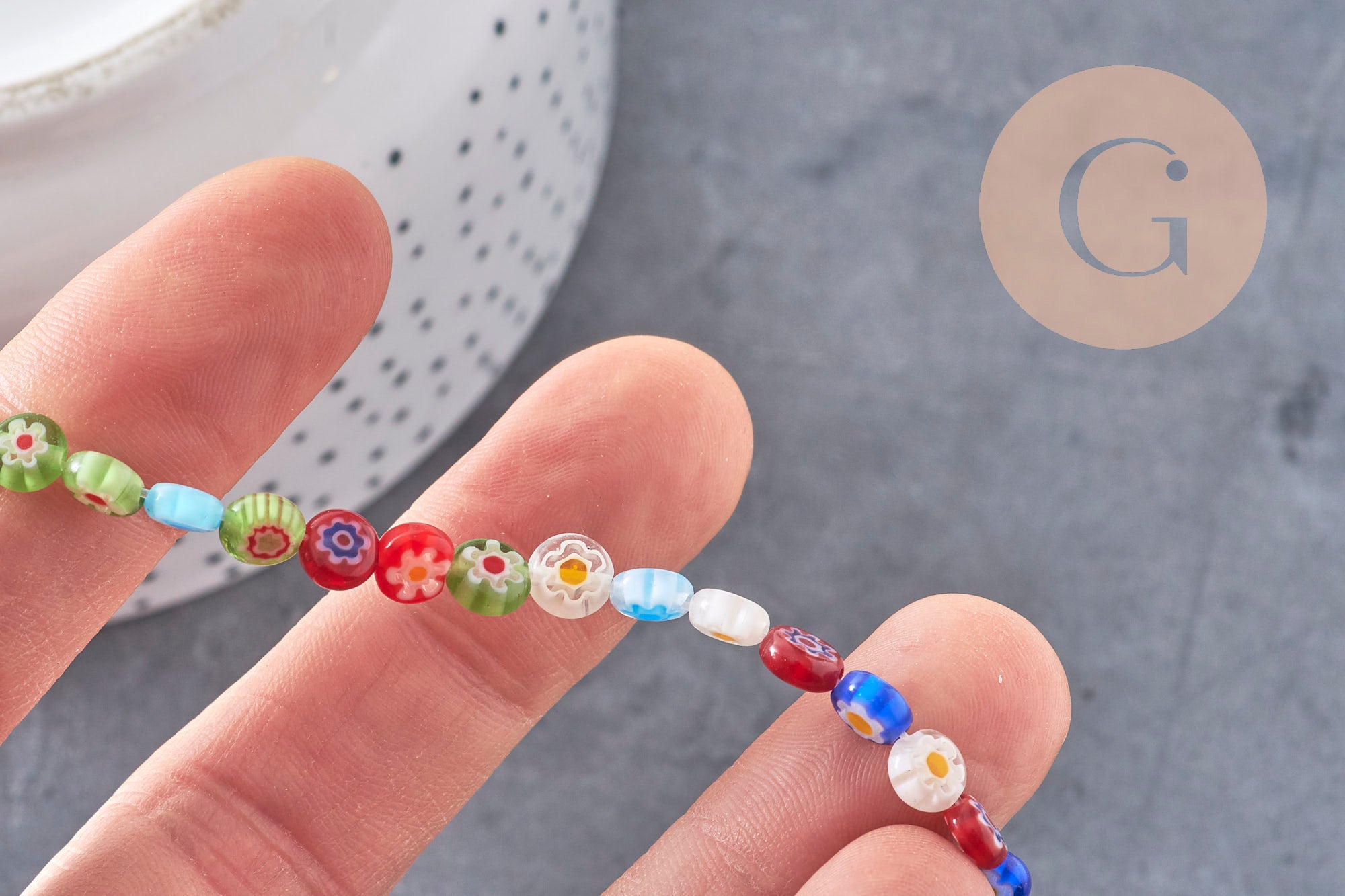 Perle cercle verre millefiori 6mm, x1 fil de 35.8cm (G10940)